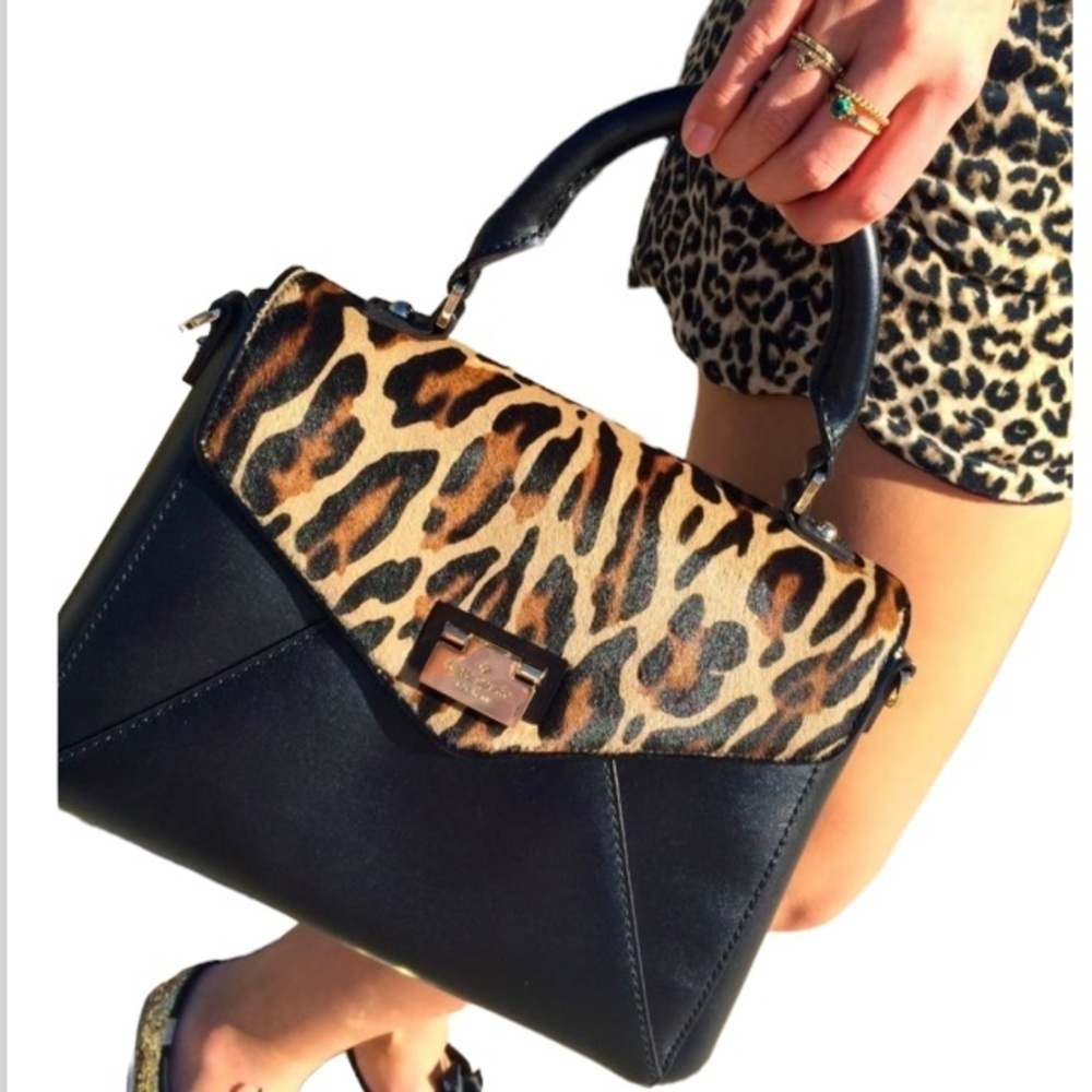 Dune London Leopard Black Half Calf Hair Bag Gold Closure